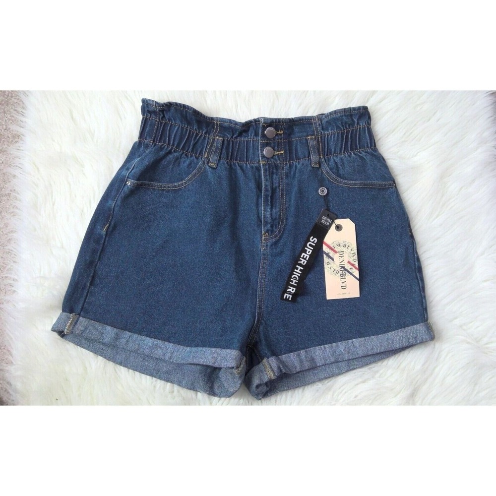 Denim Blvd Jean Shorts High‎ Rise Bag Waist Loose Fit Rolled Hem size L